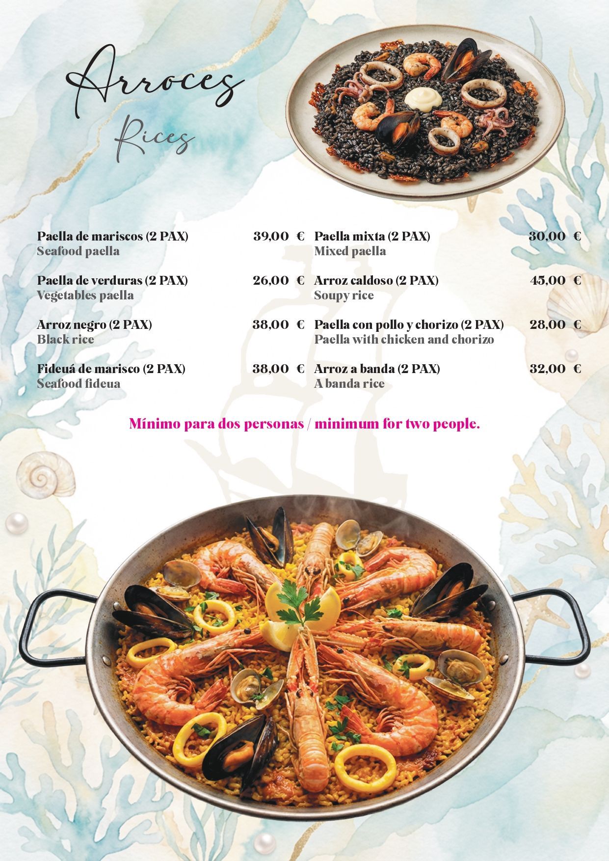 Menú de paella con dos fotos de paella de marisco y lista de ingredientes sobre un fondo pastel.