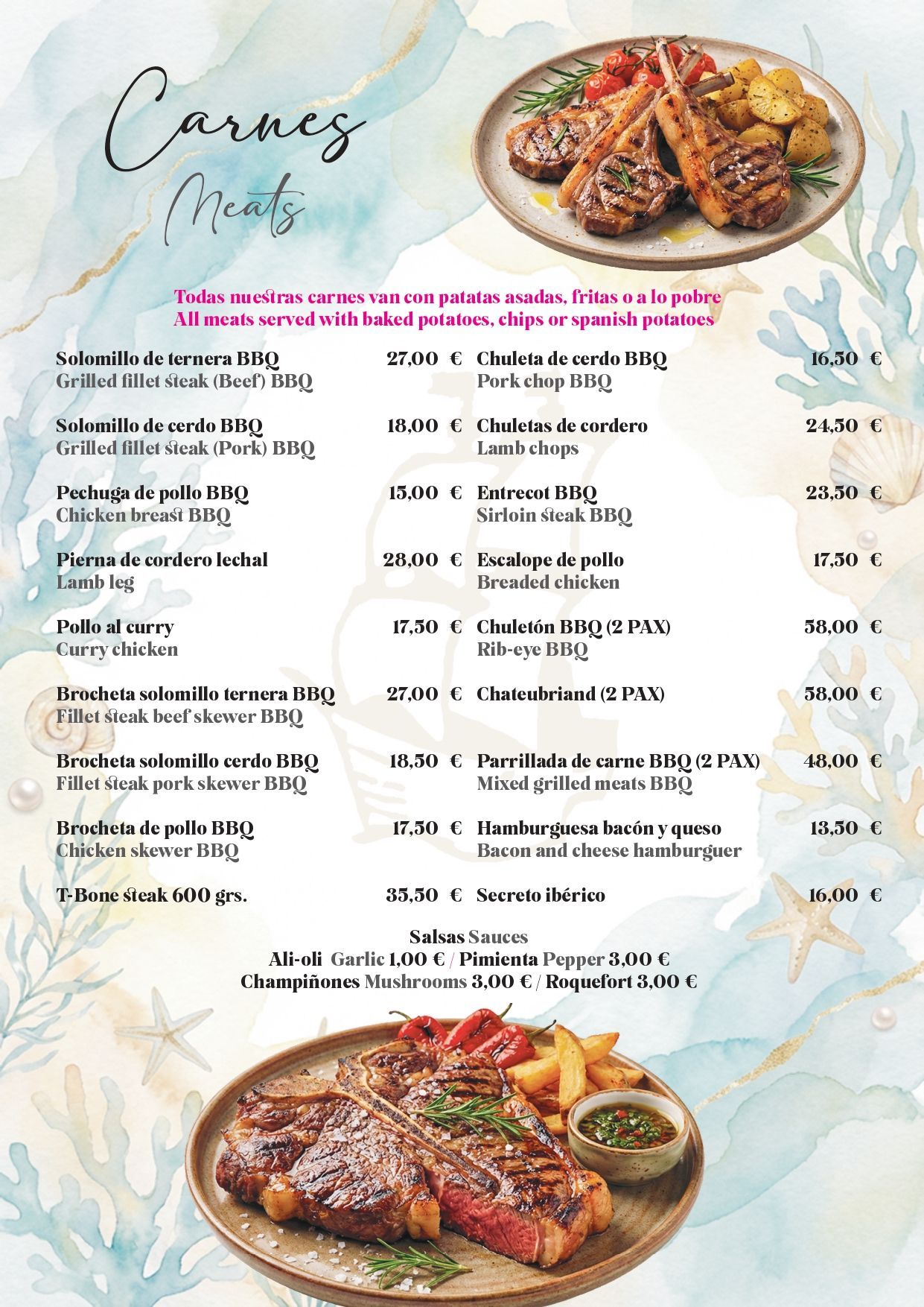 Menú colorido de un restaurante caribeño con platos y precios, destacando los platos de carne a la parrilla en la parte superior e inferior.
