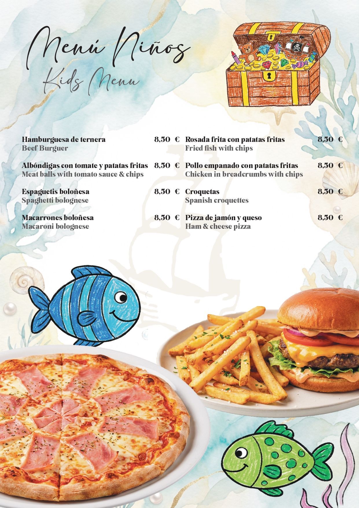 Menú infantil con temática de cofre del tesoro, pizza, hamburguesa y patatas fritas, y peces de dibujos animados sobre un fondo playero.