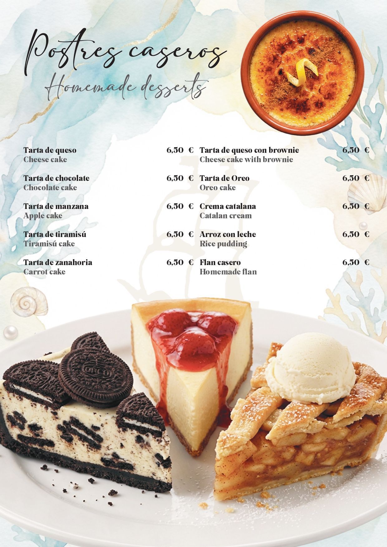 Cartel con menú de postres con pasteles de frutas y porciones de tarta sobre un fondo de mesa blanca.