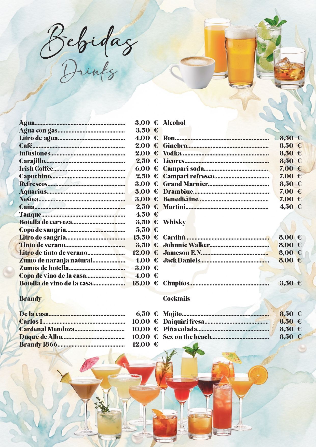 Carta de cócteles con coloridos cócteles de frutas y bebidas ilustradas sobre un fondo floral claro.