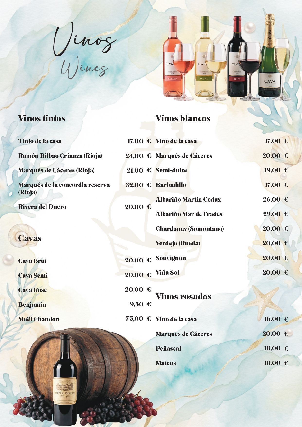 Carta de vinos con vinos rosados, tintos y blancos, botellas y uvas sobre un fondo estilo acuarela.
