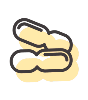 Tres panecillos blancos y amarillos apilados con contornos oscuros sobre un fondo blanco.
