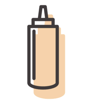 Botella exprimible de color marrón claro con líquido beige y un icono de contorno oscuro.