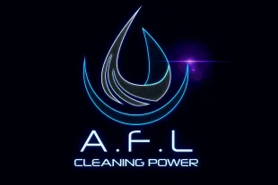Logotipo de AFL Cleaning Power con un diseño de gota de agua azul brillante sobre fondo negro.