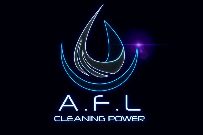 Logotipo de AFL Cleaning Power con un diseño de gota de agua azul brillante sobre fondo negro.