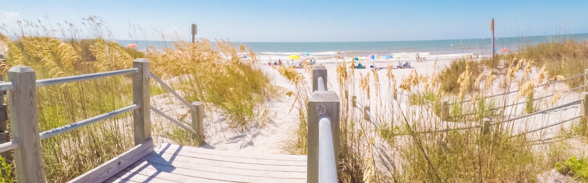Wooden walkway leading to a beach with sand dunes, sea oats, and the ocean under a blue sky.