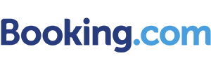 Booking.com logo in dark and light blue. The dot of the 