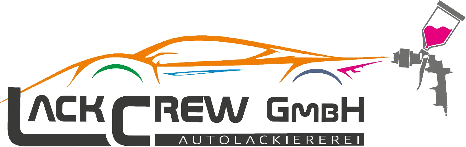Logo der LackCrew GmbH mit stilisierter orange-grüner Autokontur und grauem Farbroller-Symbol
