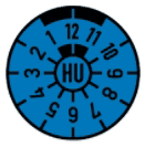 Blaues rundes Zifferblatt mit schwarzen Ziffern und einem zentralen Radsymbol.