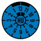 Blaues rundes Zifferblatt mit schwarzen Ziffern und einem zentralen Radsymbol.