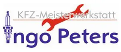 Logo der KFZ-Meisterwerkstatt Ingo Peters mit rotem Schraubenschlüssel und Zündkerzensymbolen