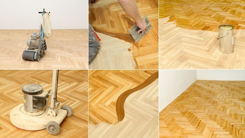 Restauração de piso: lixar, aplicar tinta com desempenadeira e usar uma politriz para dar acabamento a um piso de parquet.