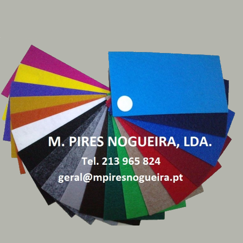 Amostras de cores de feltro em vários tons, com contacto da M. Pires Nogueira, LDA.
