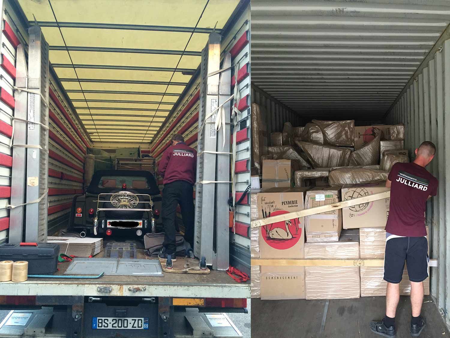 Des personnes chargent des cartons dans un grand camion de marchandises par les ouvertures arrière et latérales.