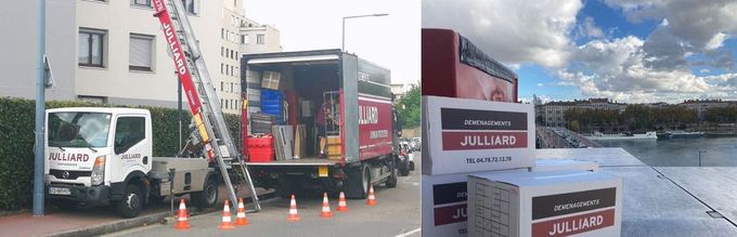 Camion de pompiers avec échelle déployée devant un bâtiment ; en médaillon, un port enneigé avec un panneau indicateur.