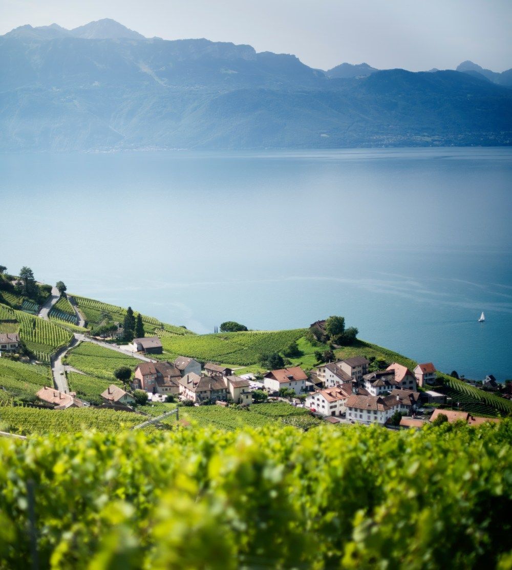 Un petit village sur une colline surplombant un lac avec des montagnes en arrière-plan.