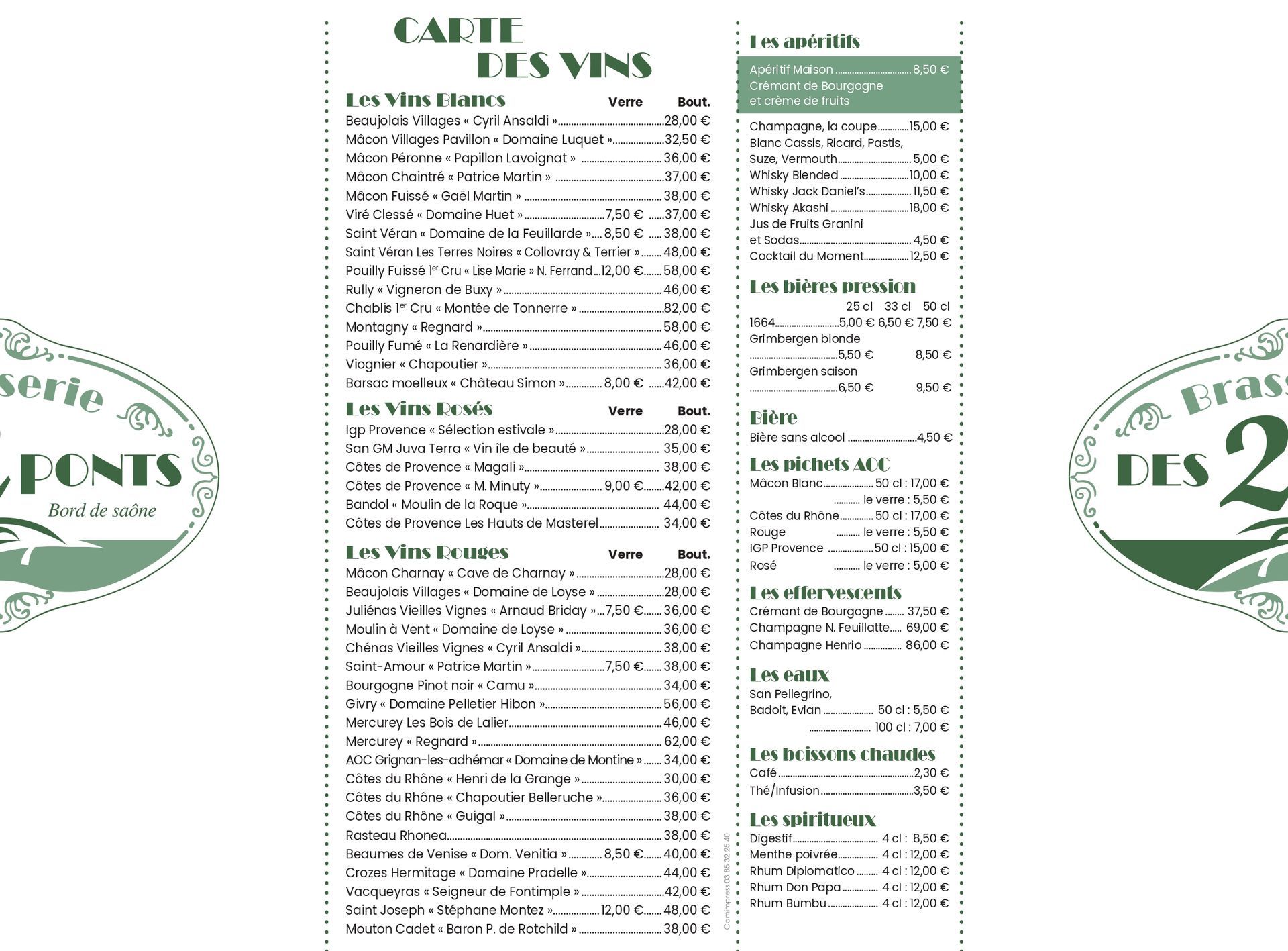 Carte des vins et boissons - Brasserie des 2 Ponts à Maçon
