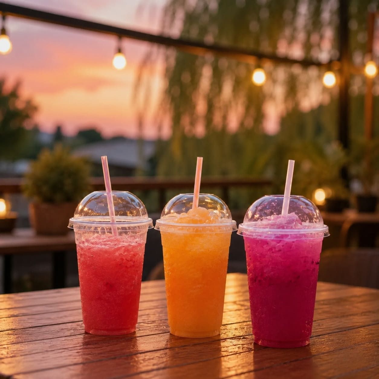 Amigos charlando mientras toman bebidas coloridas en una terraza al atardecer, con guirnaldas de luces en el techo.