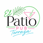 Logotipo de El Patio Pub con texto en negro, rosa, turquesa y verde, y un icono de una copa de martini.