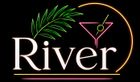 Logotipo de r&iacute;o con copa de martini de ne&oacute;n, hojas de palma y acento circular dorado sobre fondo negro.