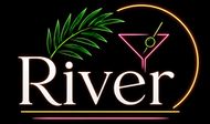 Logotipo de r&iacute;o con copa de martini de ne&oacute;n, hojas de palma y acento circular dorado sobre fondo negro.