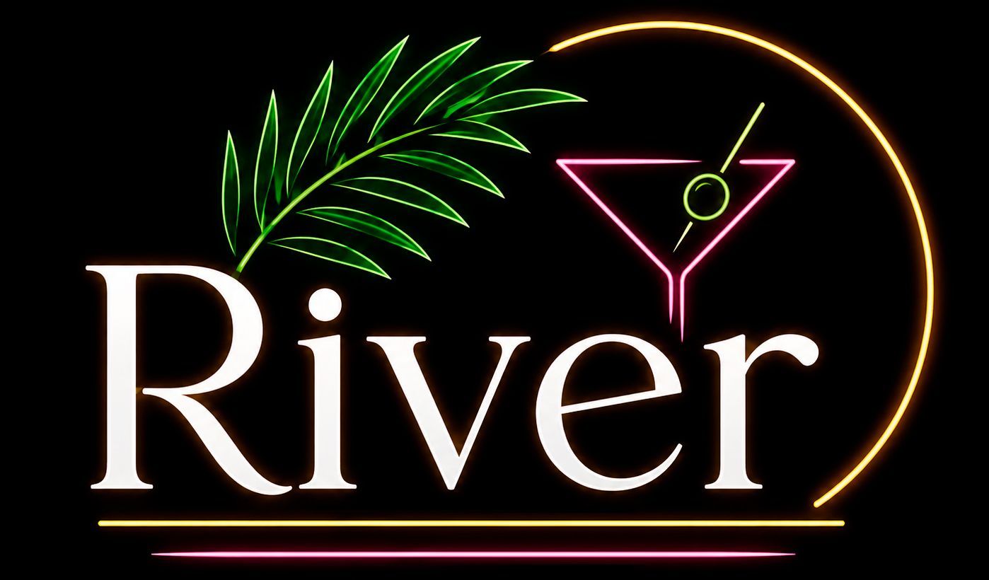 Logotipo de río con copa de martini de neón, hojas de palma y acento circular dorado sobre fondo negro.
