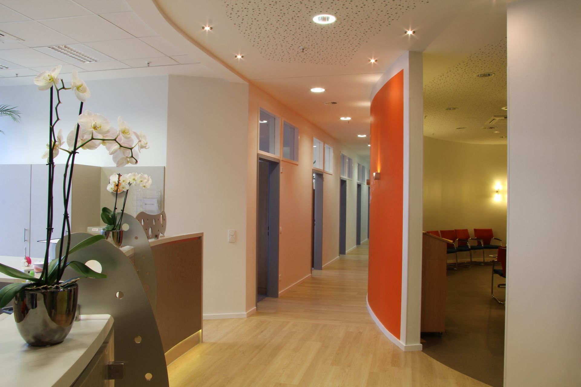 Ein langer Flur mit einer Vase mit Blumen auf der Theke