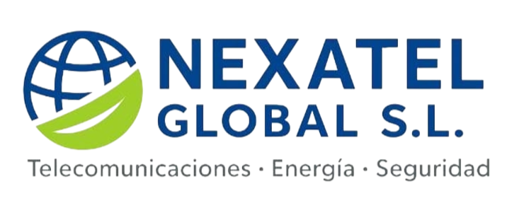 Nexatel Global S.L. logo: globe with leaf, blue text, "Telecomunicaciones · Energía · Seguridad".