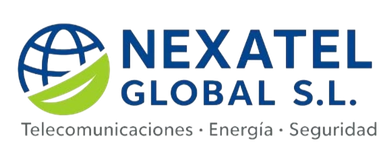 Nexatel Global S.L. logo: globe with leaf, blue text, "Telecomunicaciones · Energía · Seguridad".