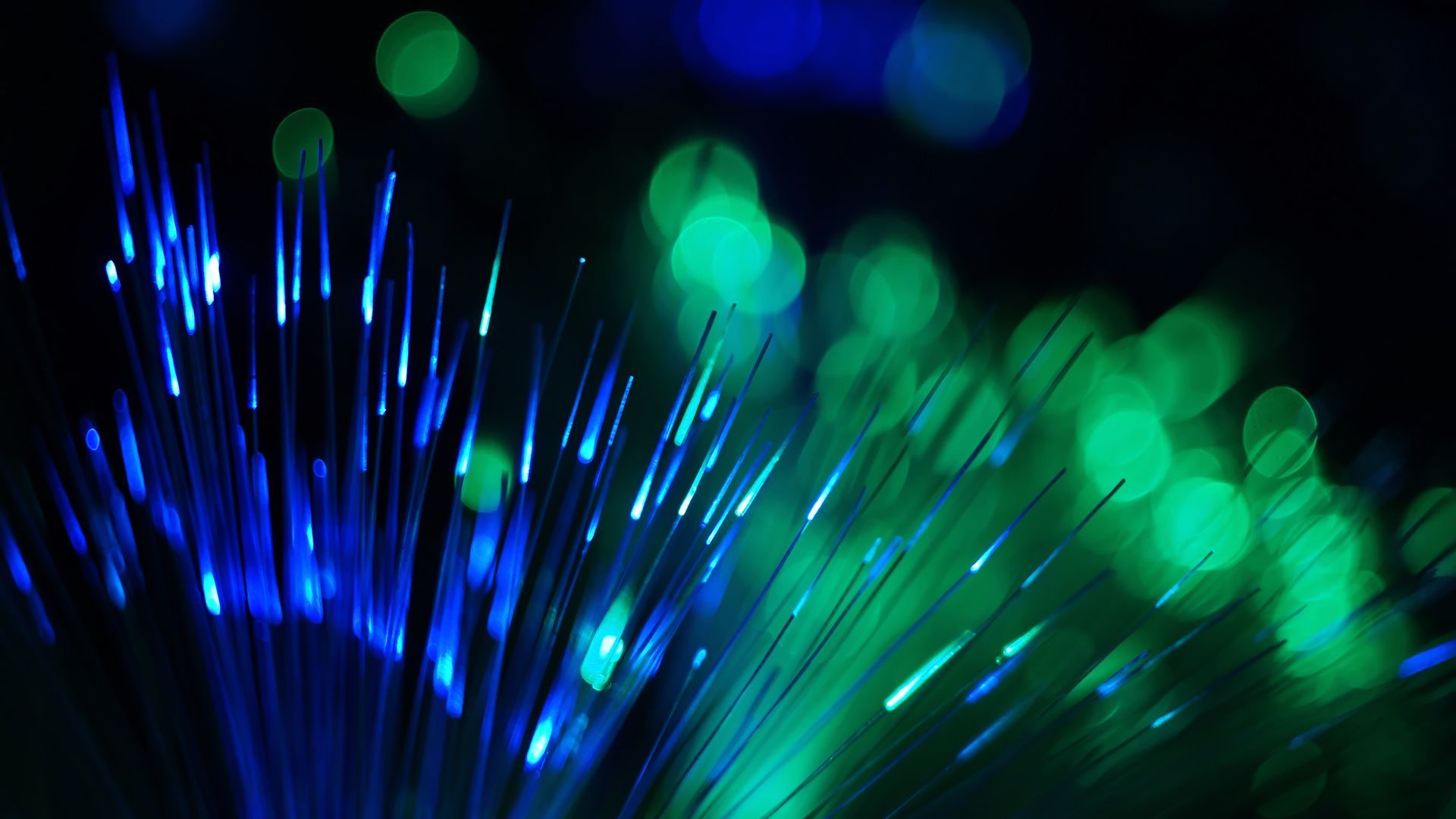 Hilos de fibra óptica de color azul y verde que irradian luz sobre un fondo negro.