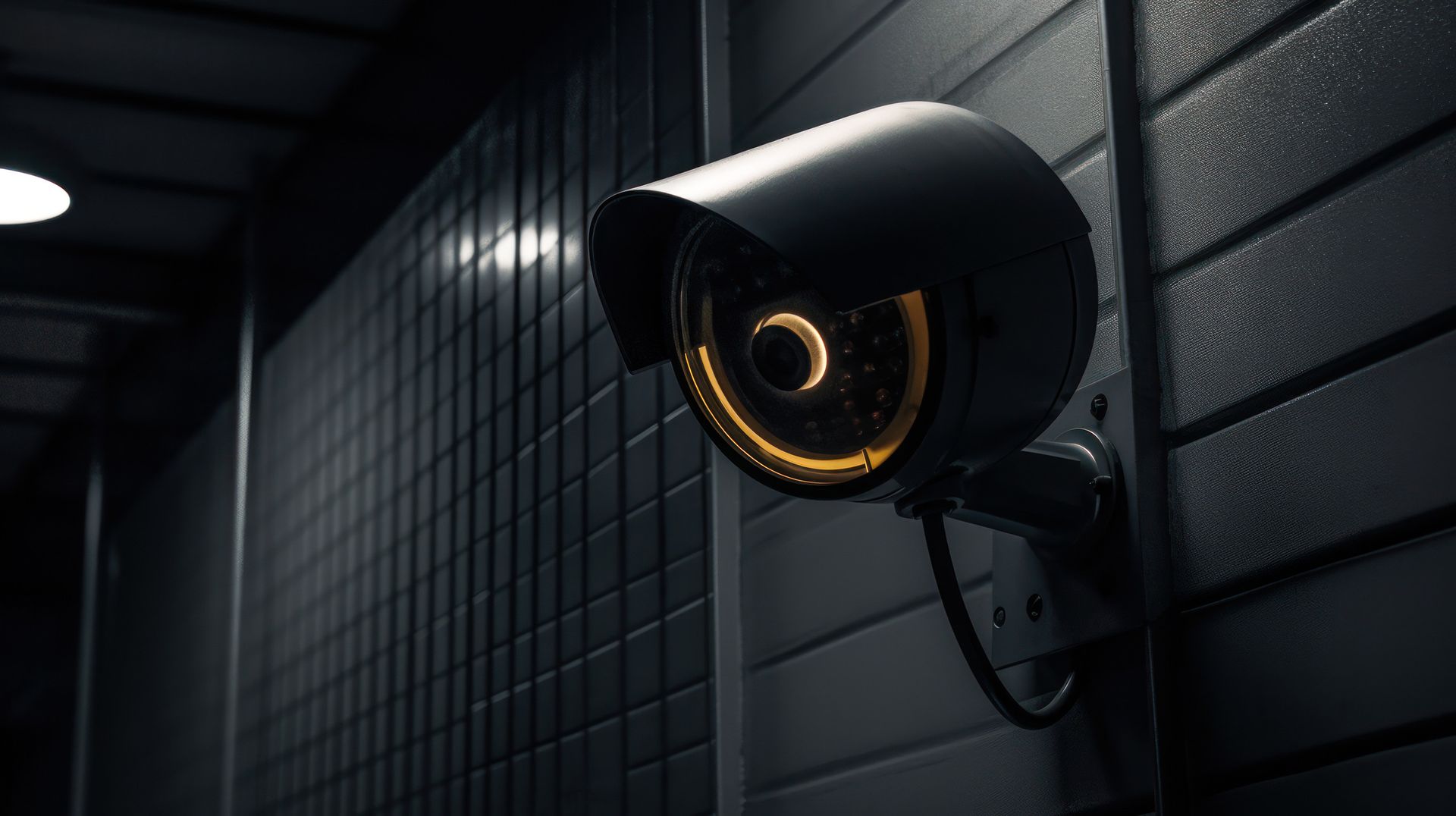 Cámara de vigilancia montada en una pared, lente naranja brillante, entorno oscuro.