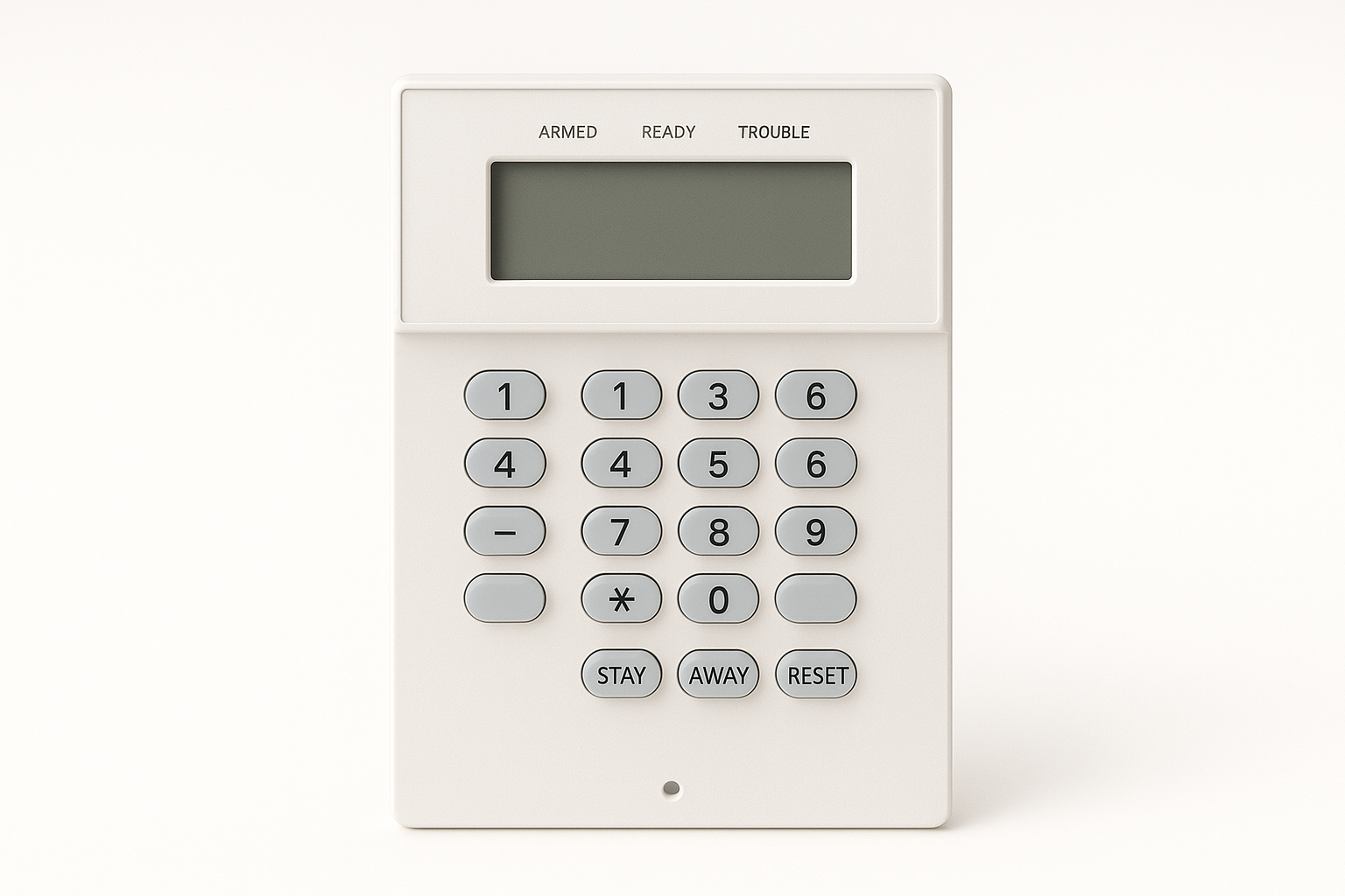 Teclado de sistema de seguridad de color blanco con pantalla de visualización y botones numéricos.