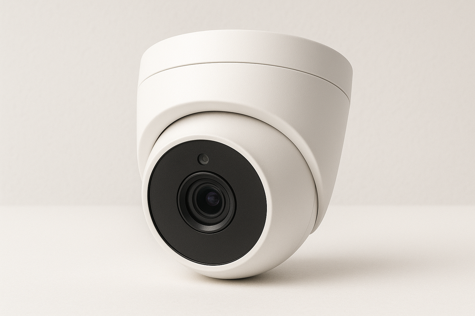 Cámara de seguridad blanca con lente negra sobre superficie blanca.