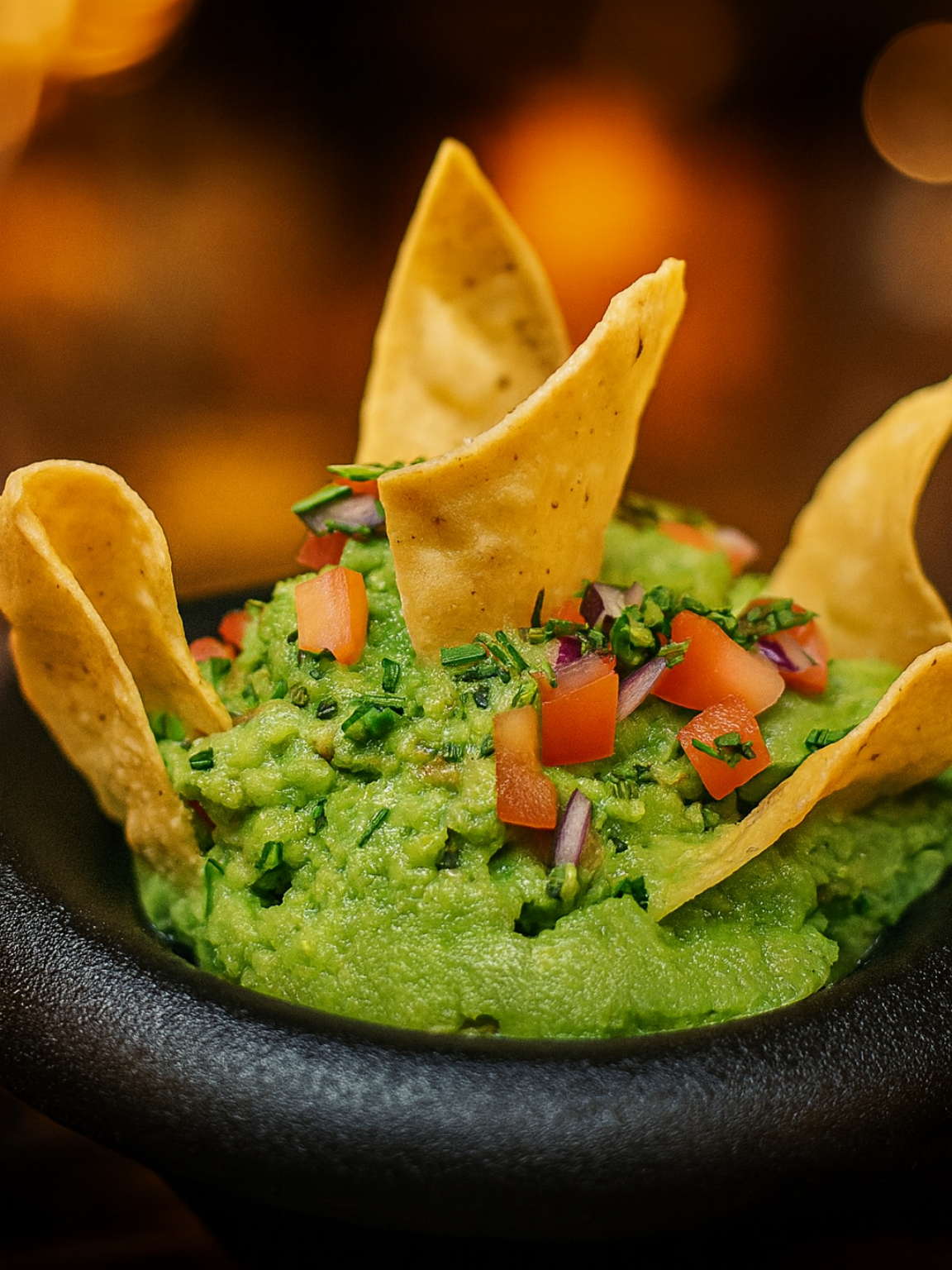 Guacamole servi avec des chips de tortilla dans un bol foncé, garni de dés de tomates et d'herbes aromatiques.
