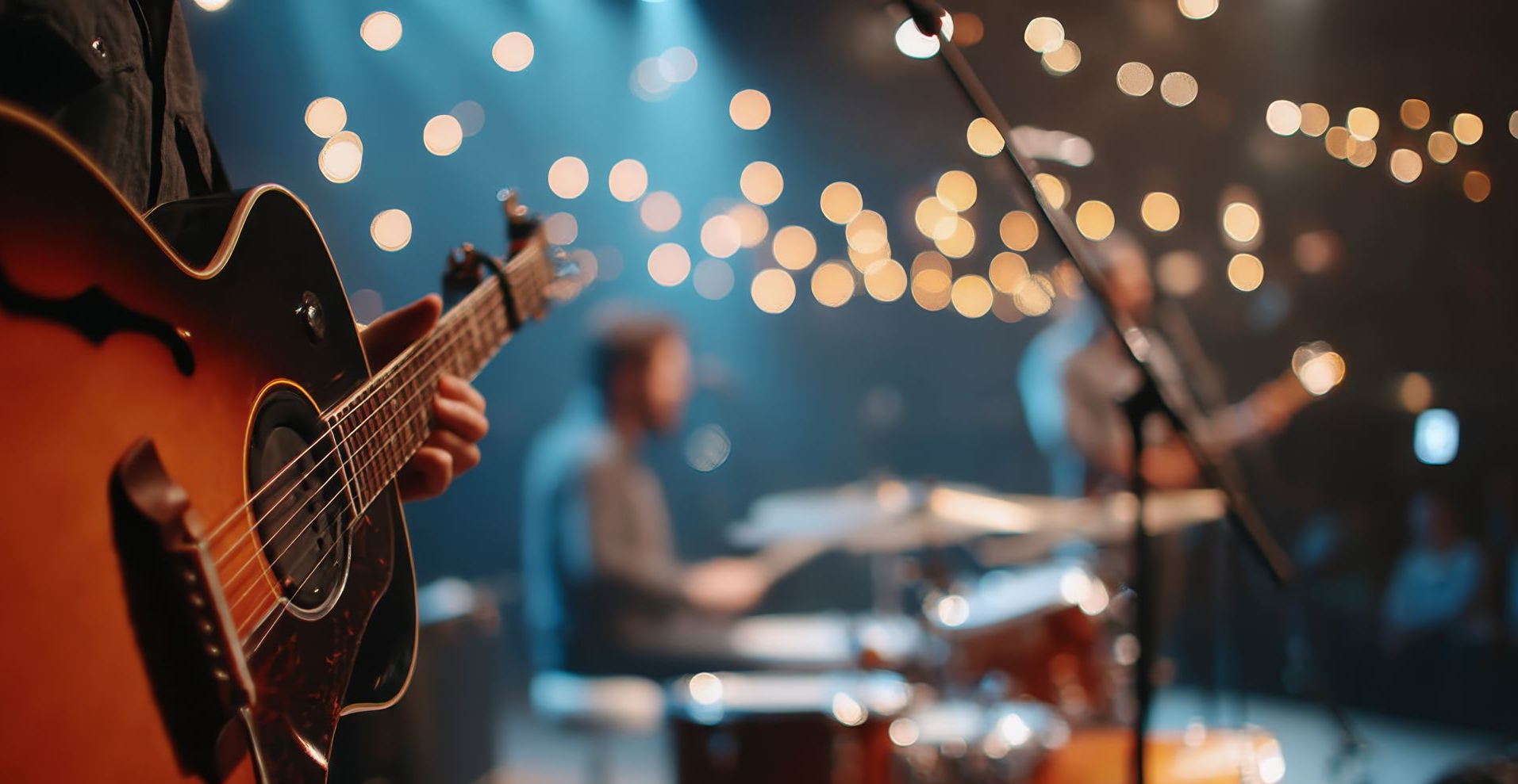 Guitariste sur scène avec son groupe, en pleine performance. Éclairage scénique chaleureux, effets bokeh en arrière-plan.