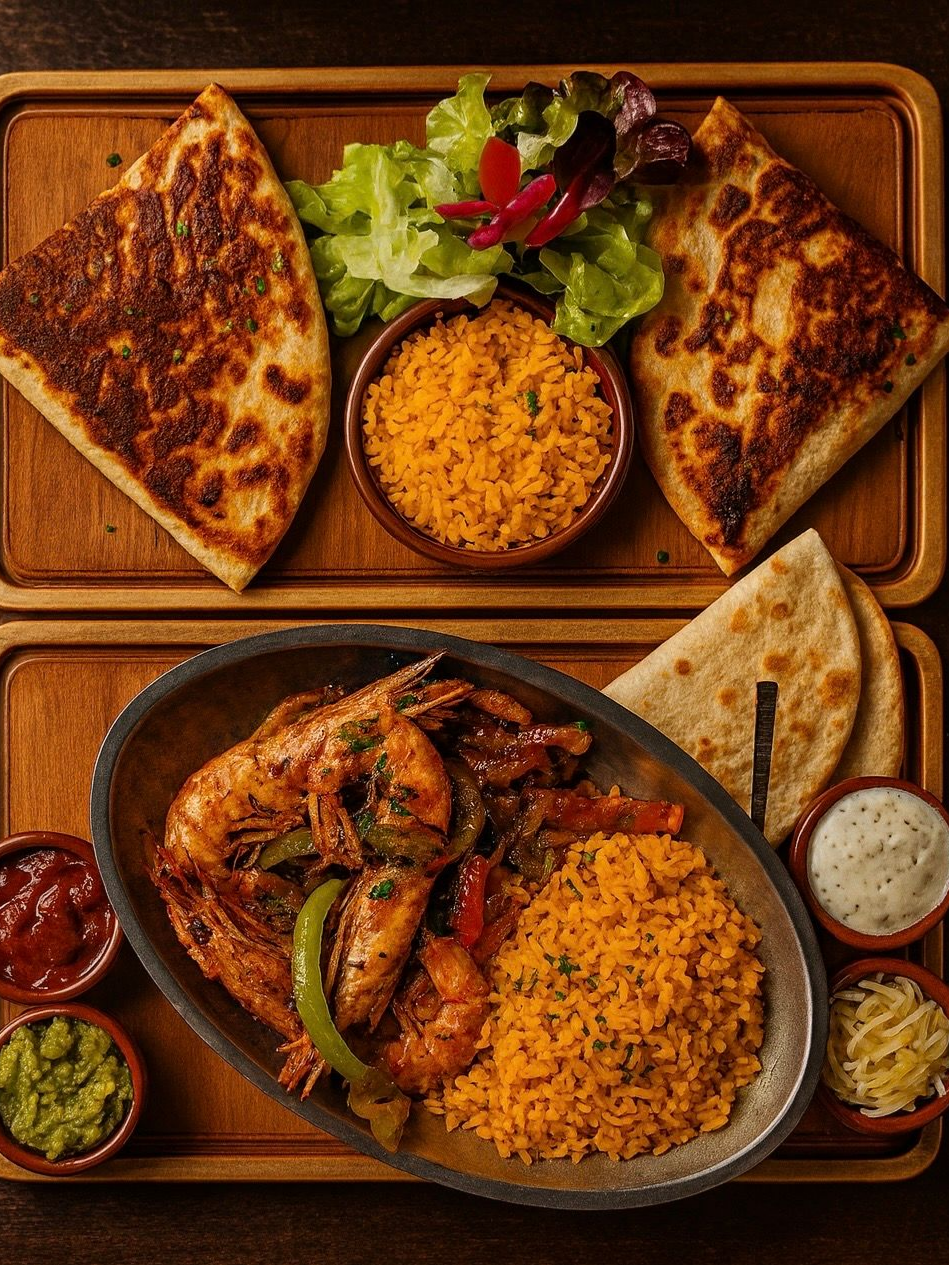 Assiette de spécialités mexicaines avec fajitas, quesadillas, riz et garnitures.