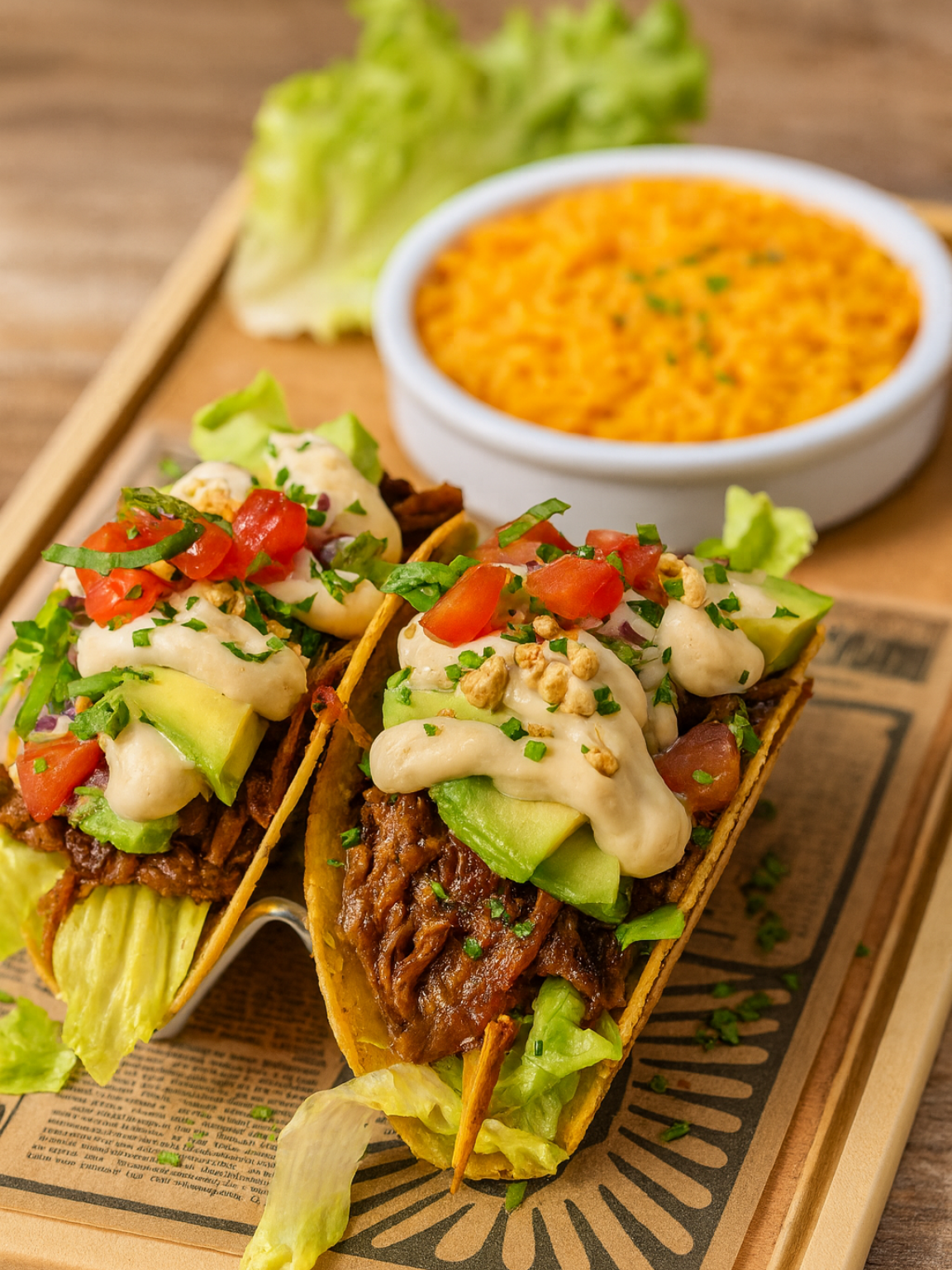 Tacos à l'avocat, à la tomate et à la sauce, servis avec du riz sur un plateau en bois.