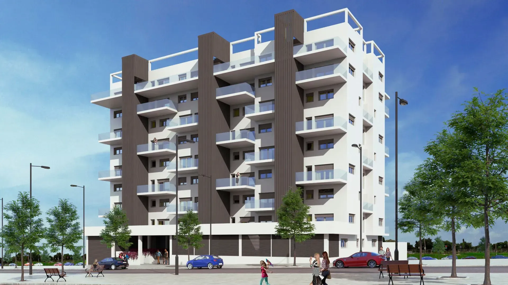 Impresión artística de un gran edificio de apartamentos.