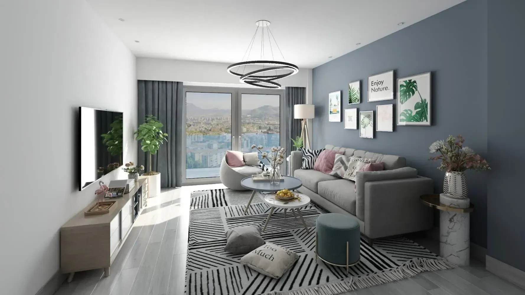 Una sala de estar con sofá, silla, mesa y televisión.