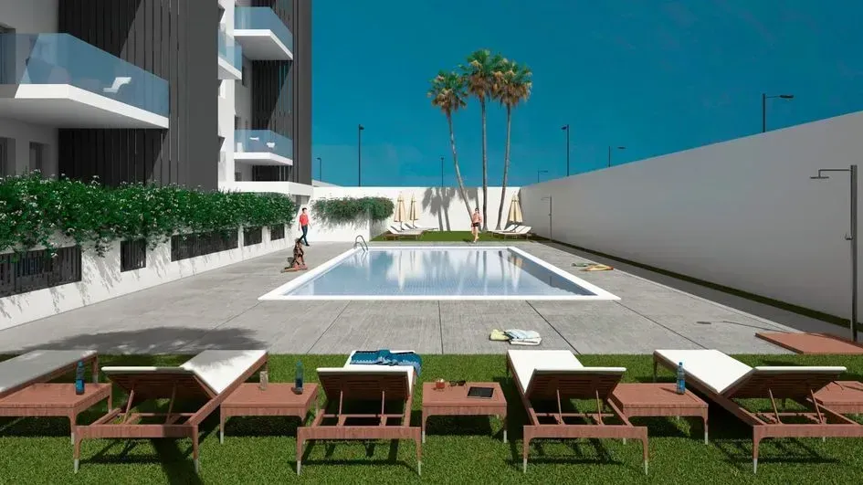 Impresión artística de una piscina en una zona residencial.