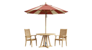 Table ronde et deux chaises d'extérieur avec parasol à rayures rouges et blanches.