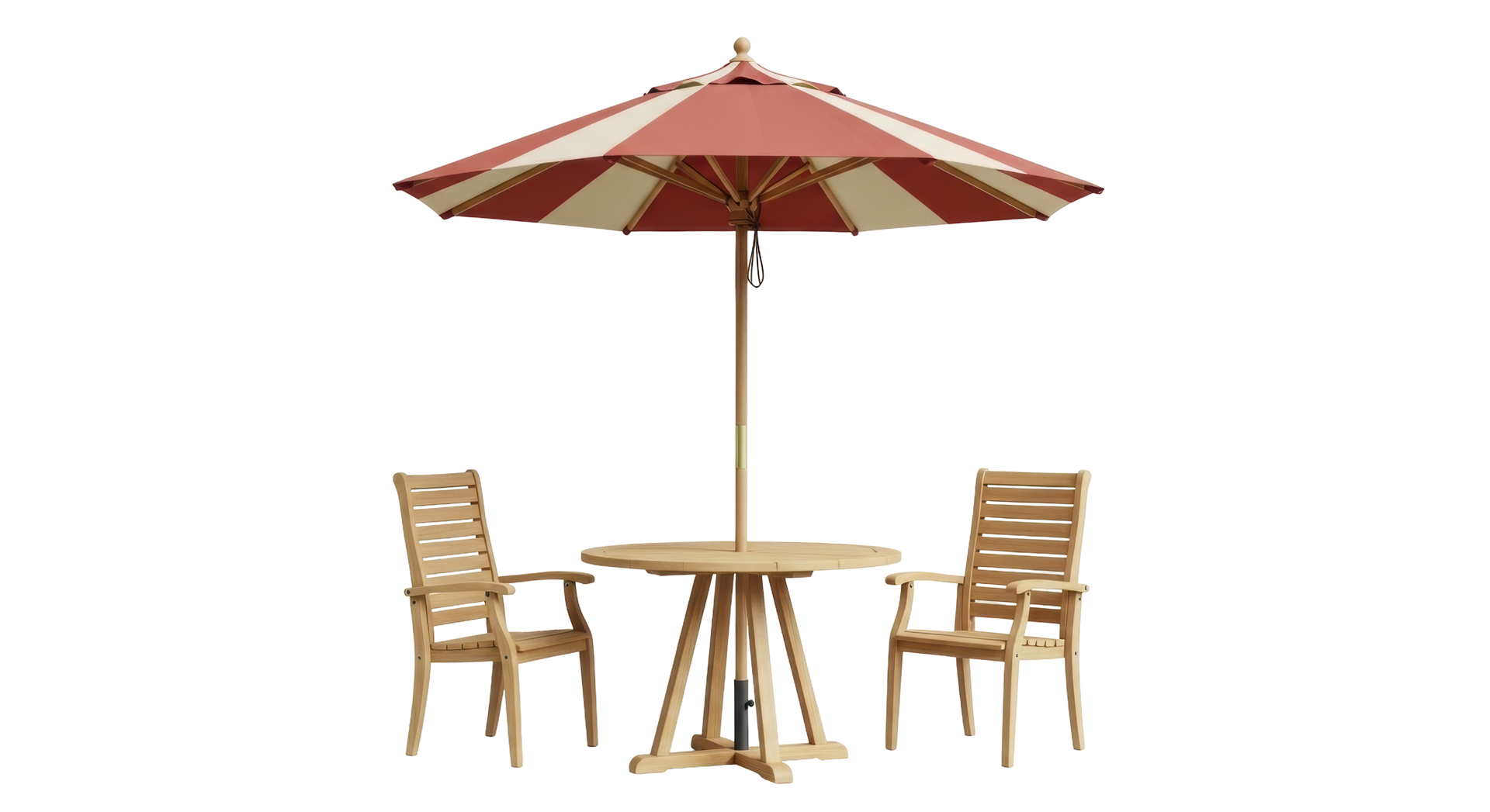 Table ronde et deux chaises d'extérieur avec parasol à rayures rouges et blanches.