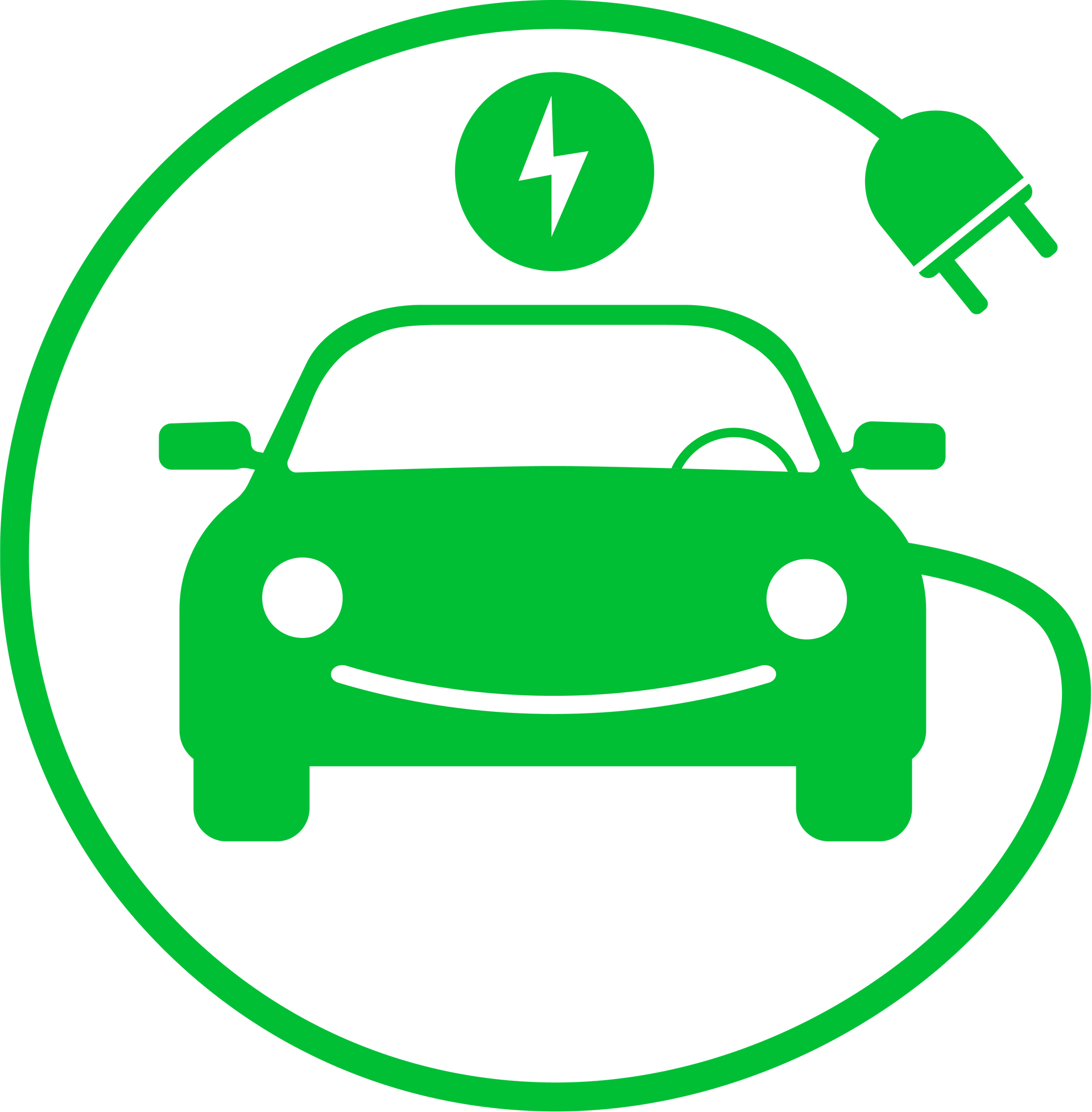 Voiture électrique verte en charge, avec un câble et un éclair.