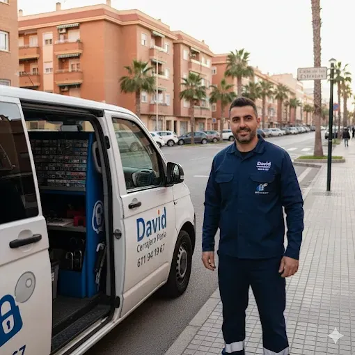 Un cerrajero está de pie junto a su furgoneta con herramientas, sonriendo en la calle. 