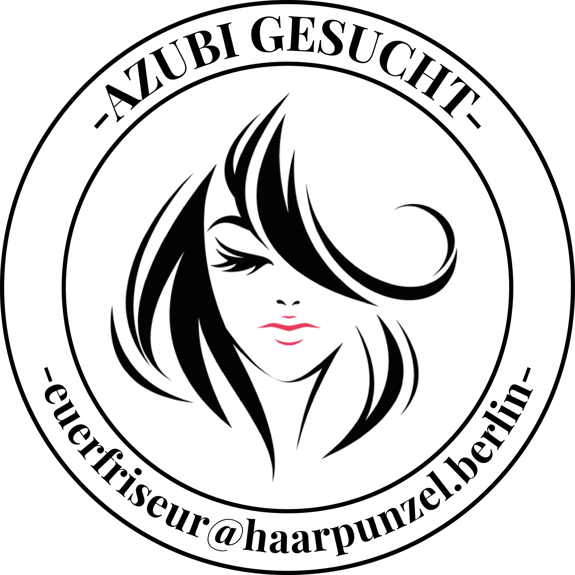 Ein schwarz-weißes Logo einer Frau mit langen Haaren in einem Kreis.