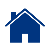 Blue house icon with a chimney and open doorway.