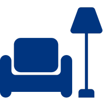 Blue armchair and floor lamp icon.