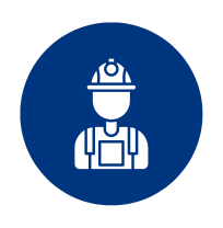 Construction worker icon, white figure on blue circle, wearing a hard hat and overalls.