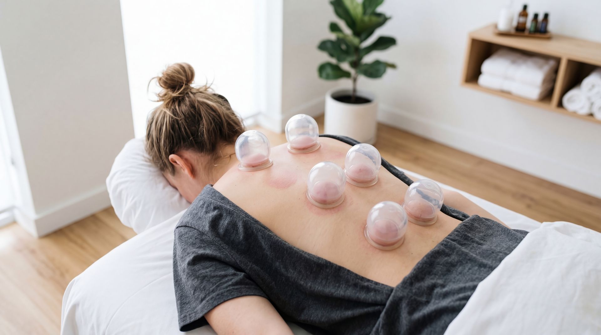 Une personne reçoit une thérapie par ventouses, des ventouses en verre étant appliquées sur son dos, dans une pièce lumineuse.